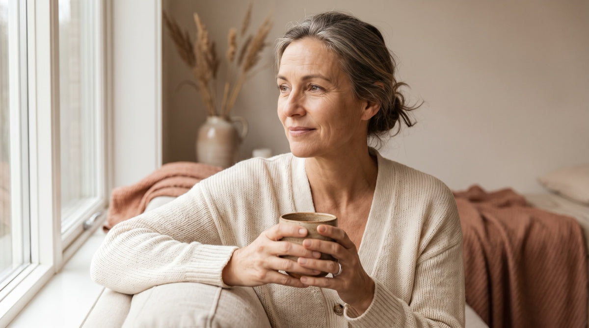 Femme d'une quarantaine d'années assise près d'une fenêtre, une tasse entre les mains