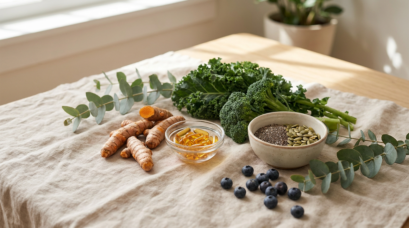 Compléments alimentaires et aliments anti-inflammatoires pour le fibrome utérin : curcuma, oméga-3, légumes verts