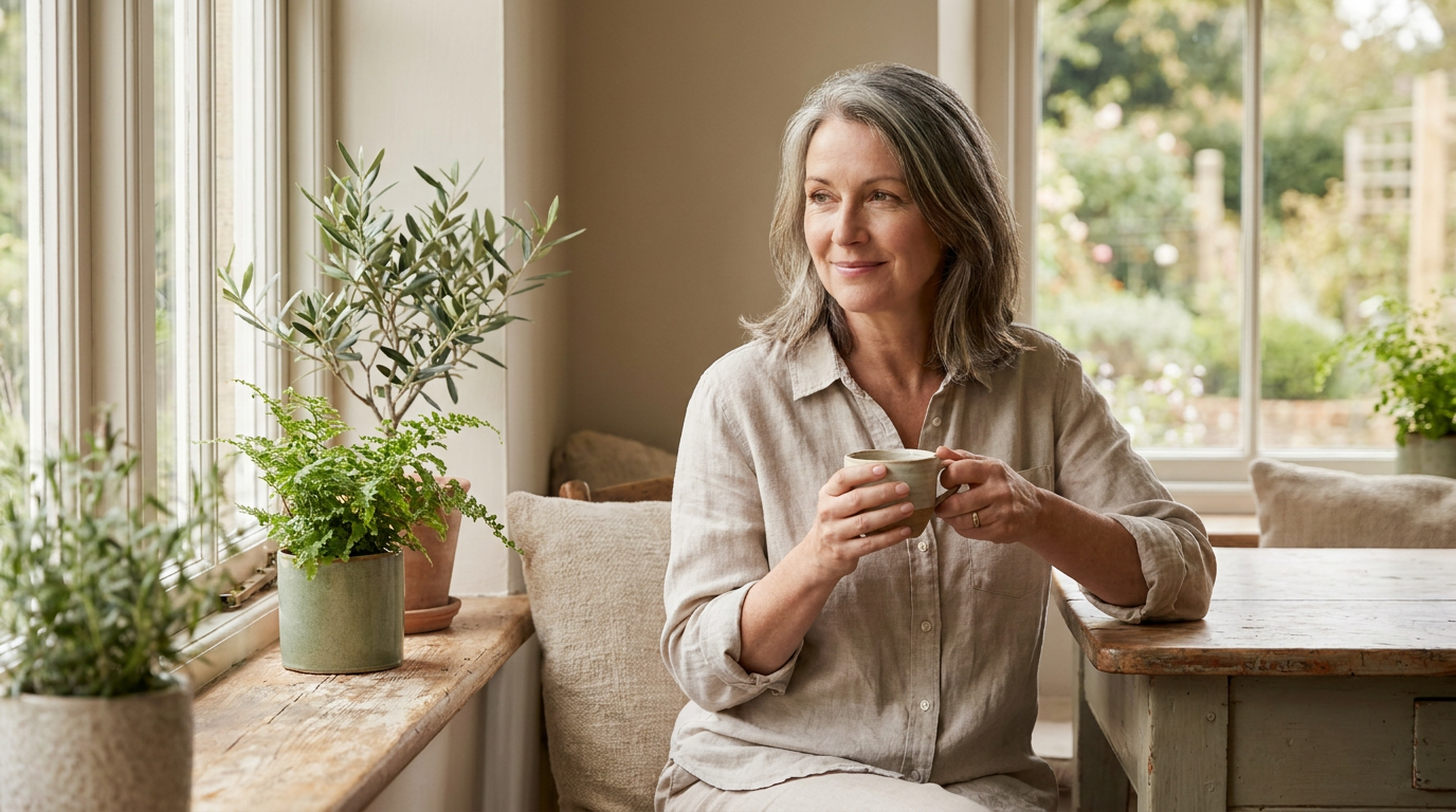 Femme sereine en ménopause profitant d'un moment calme et naturel, approche bien-être sans phytoestrogènes