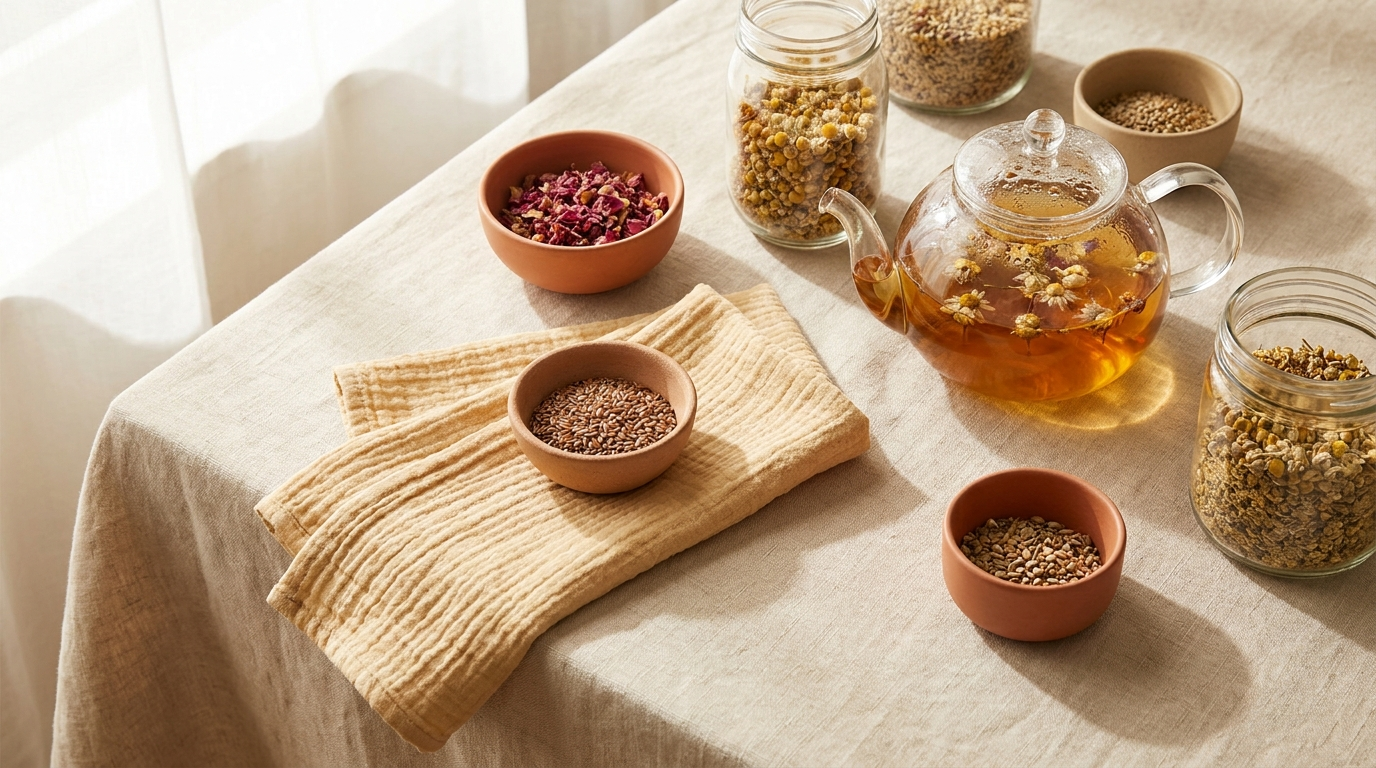 Infusion de plantes et herbes séchées sur un lin clair, approche naturelle des trompes bouchées