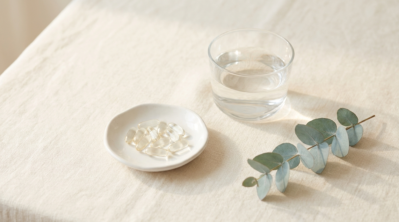 Gélules de NAC et verre d'eau sur un lin clair, complément fertilité et SOPK