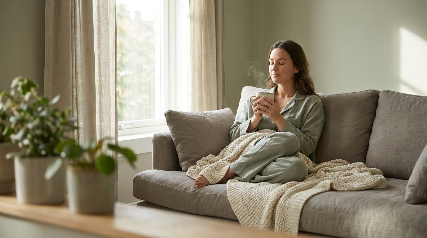 Femme au repos sous un plaid, récupération après un épuisement lié au stress chronique