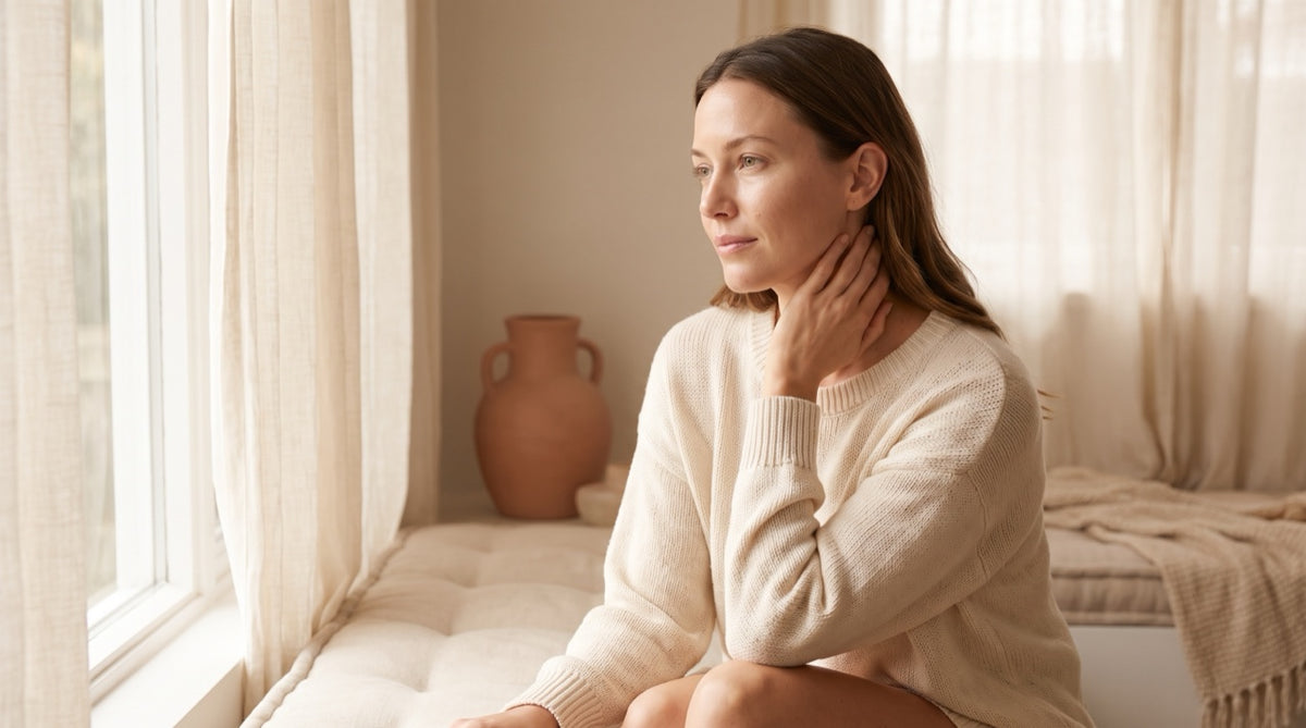 Femme assise près d'une fenêtre, la main posée à la base du cou